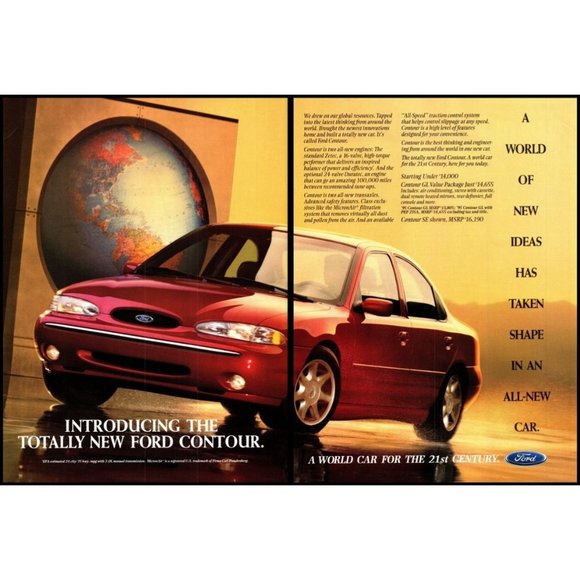 1995 Ford Contour 4 Door Sedan 2 Page Vintage Print Ad World Globe Map Wall Art - Picture 1 of 3